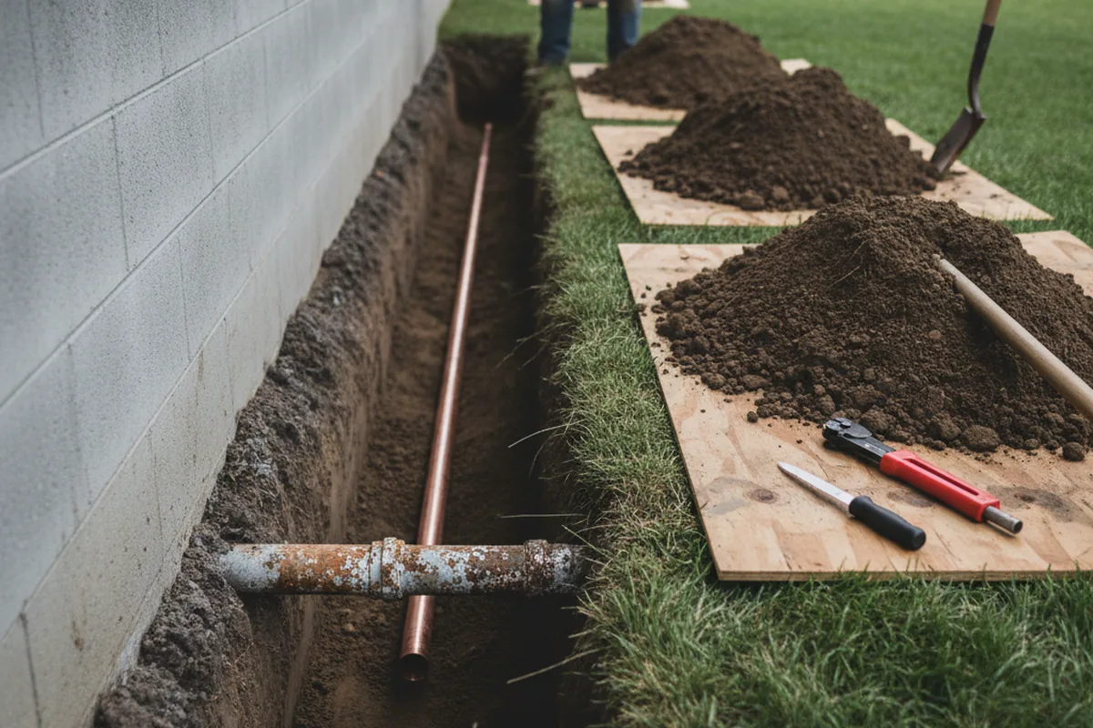 Excavated water line trench during Water Softener Installation in North Pitcher